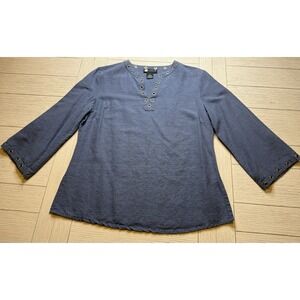 Carol Little Vintage Women's Silk Blouse W/ Brass‎ Grommet Trim 3/4 Sleeves Sz S